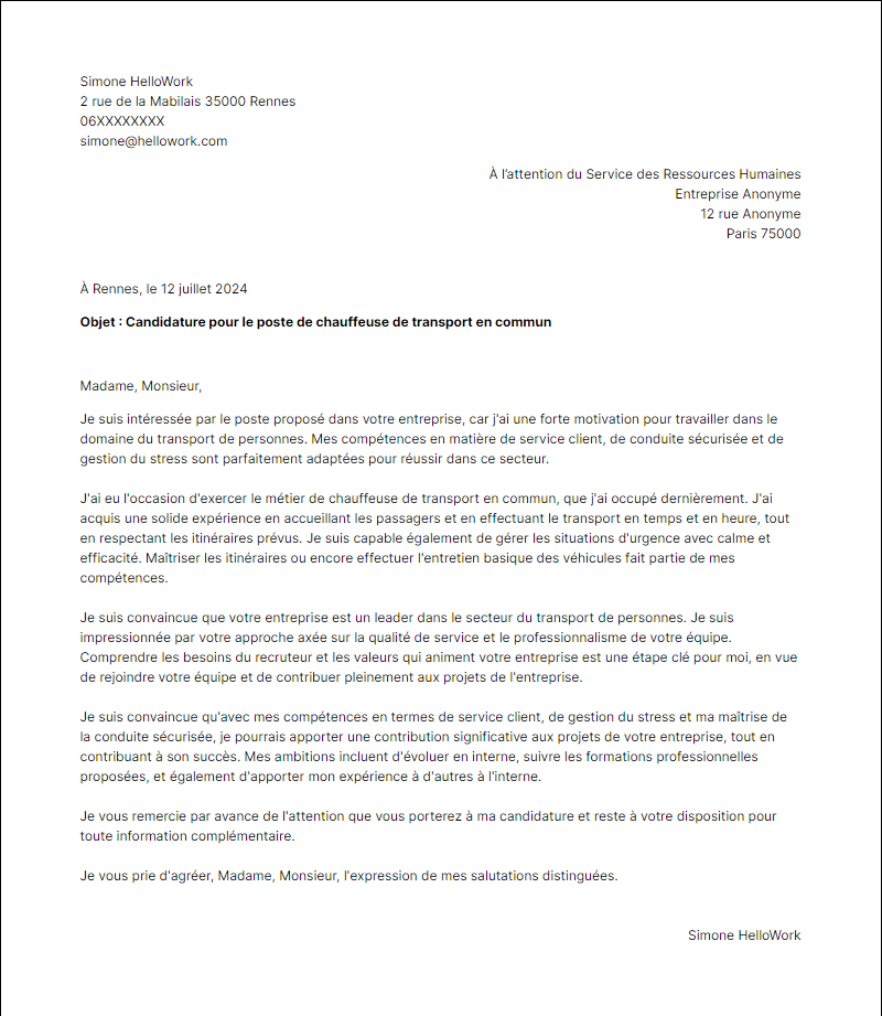 Modèle lettre de motivation pour le secteur Transport de personnes Exemple lettre de motivation pour le secteur Transport de personnes