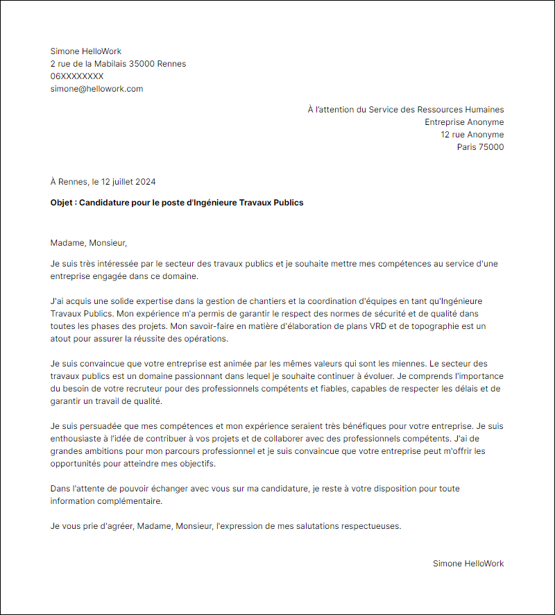 Exemple lettre de motivation pour le secteur Travaux publics