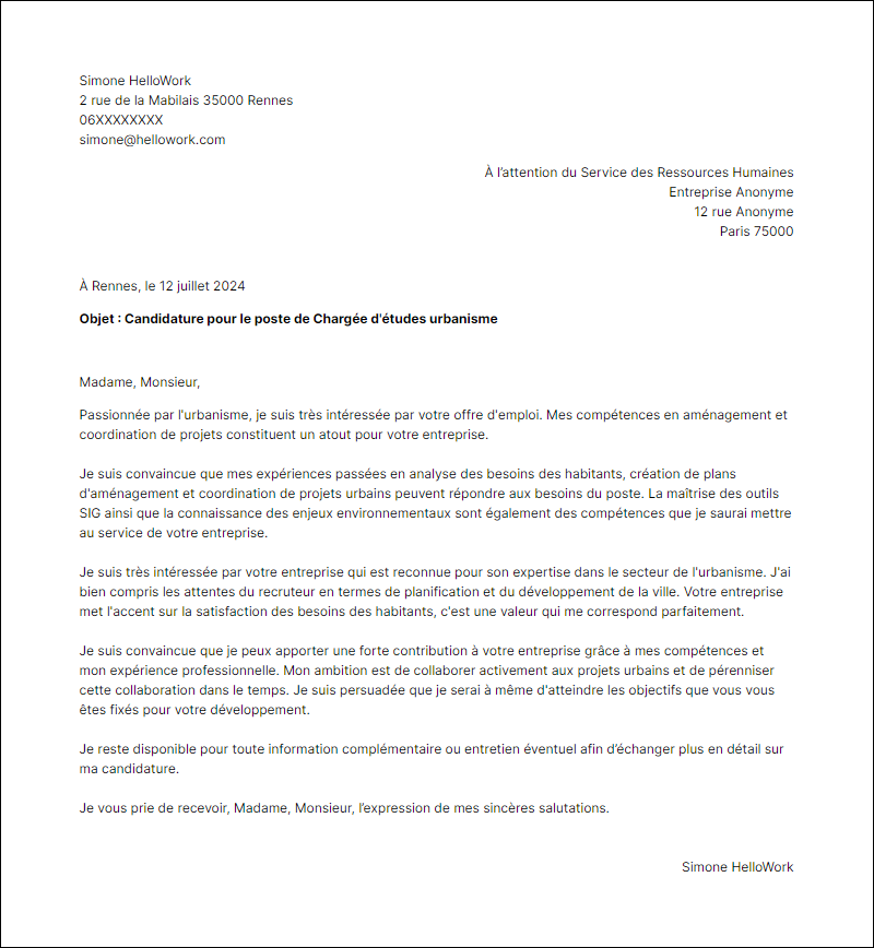 Modèle lettre de motivation pour le secteur Urbanisme Exemple lettre de motivation pour le secteur Urbanisme