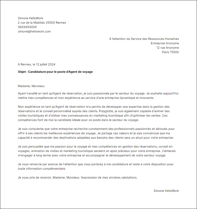 Exemple lettre de motivation pour le secteur Voyage