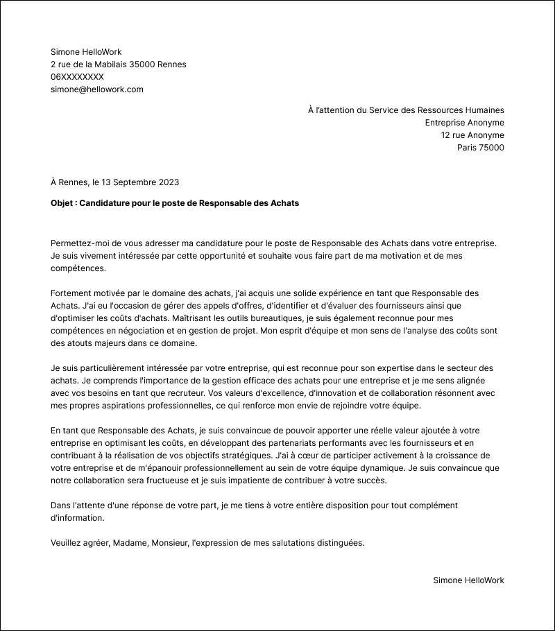 Modèle lettre de motivation Achat Exemple lettre de motivation Achat