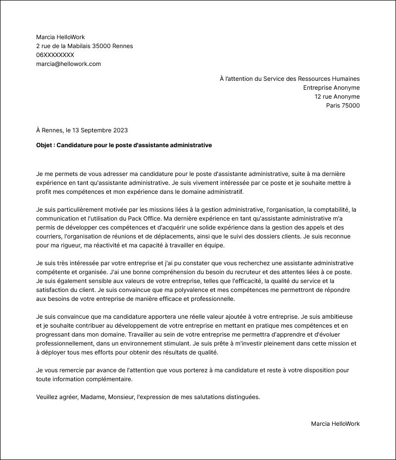 Modèle lettre de motivation Administratif Exemple lettre de motivation Administratif