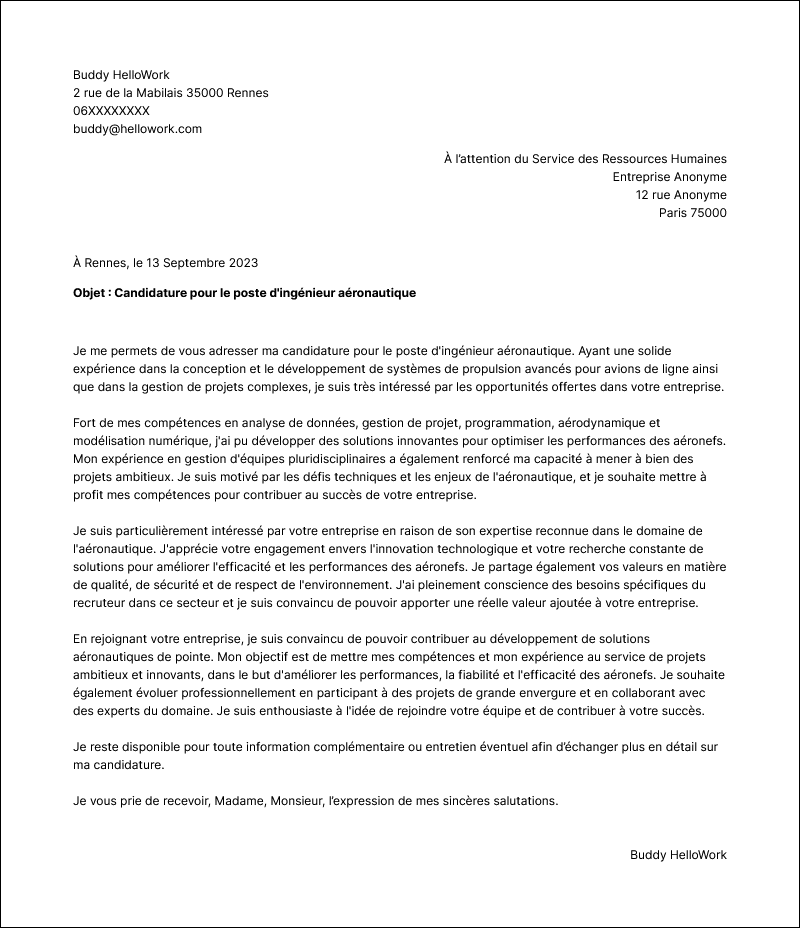 Modèle lettre de motivation Aeronautique Exemple lettre de motivation Aeronautique