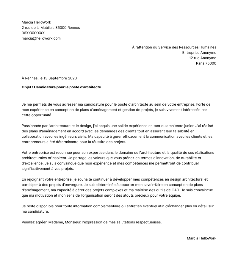 Modèle lettre de motivation Architecture Exemple lettre de motivation Architecture
