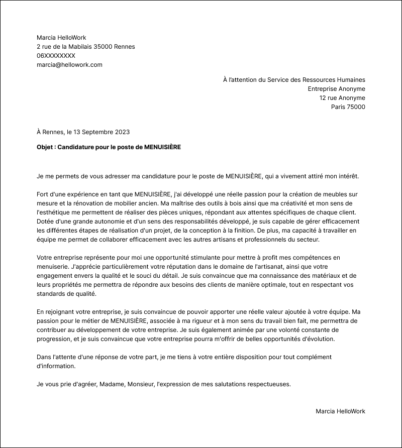 Modèle lettre de motivation Artisanat Exemple lettre de motivation Artisanat