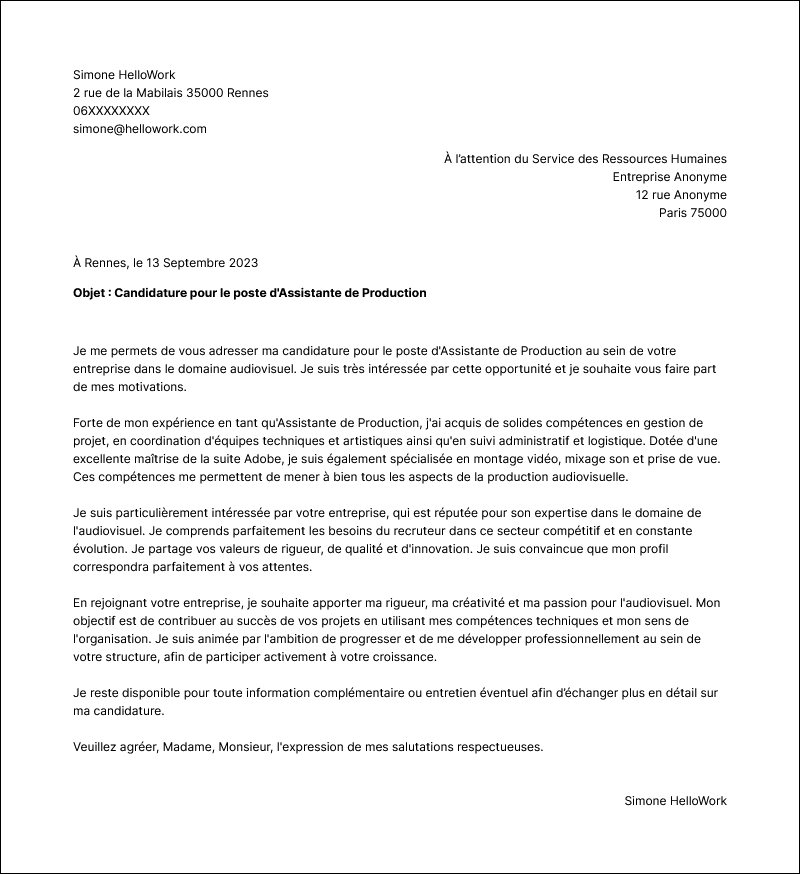 Modèle lettre de motivation Audiovisuel Exemple lettre de motivation Audiovisuel