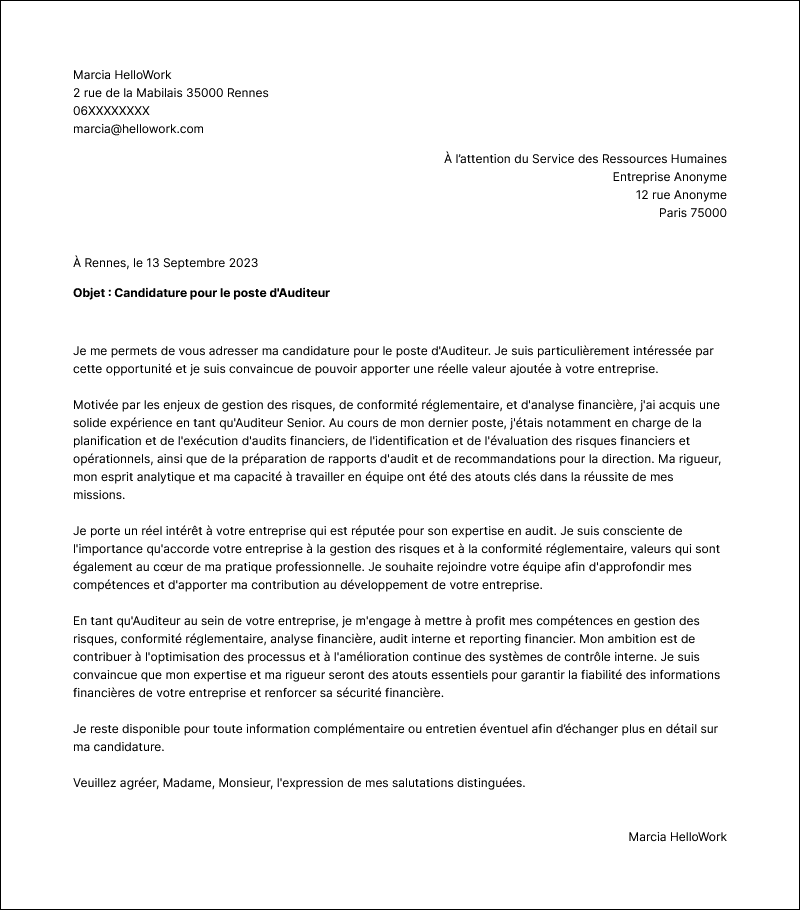 Modèle lettre de motivation Audit Exemple lettre de motivation Audit