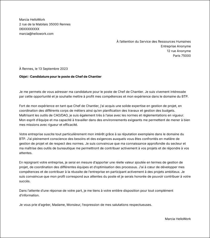Modèle lettre de motivation BTP Exemple lettre de motivation BTP
