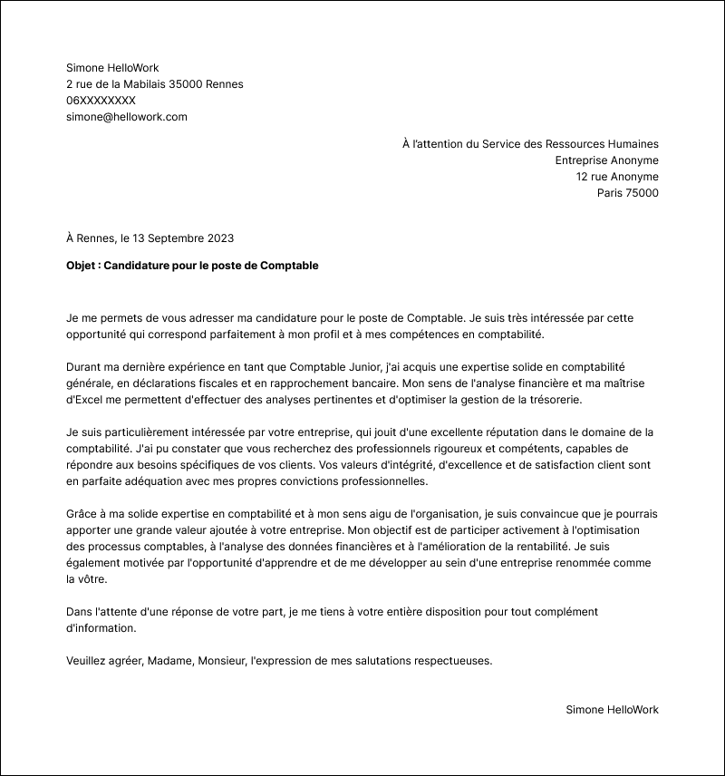 Modèle lettre de motivation Comptabilité Exemple lettre de motivation Comptabilité