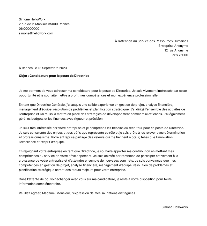 Modèle lettre de motivation Direction Exemple lettre de motivation Direction