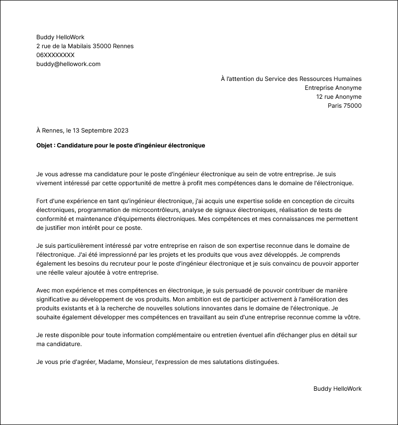 Modèle lettre de motivation Electronique Exemple lettre de motivation Electronique