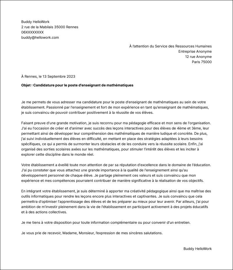 Modèle lettre de motivation Enseignement Exemple lettre de motivation Enseignement