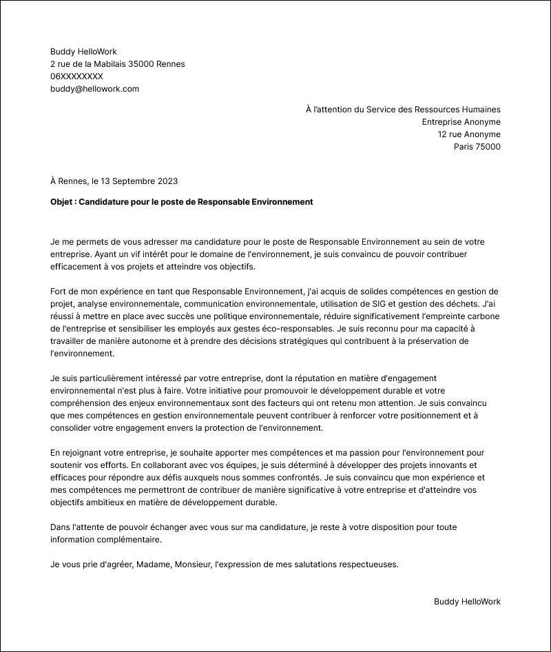 Modèle lettre de motivation Environnement Exemple lettre de motivation Environnement