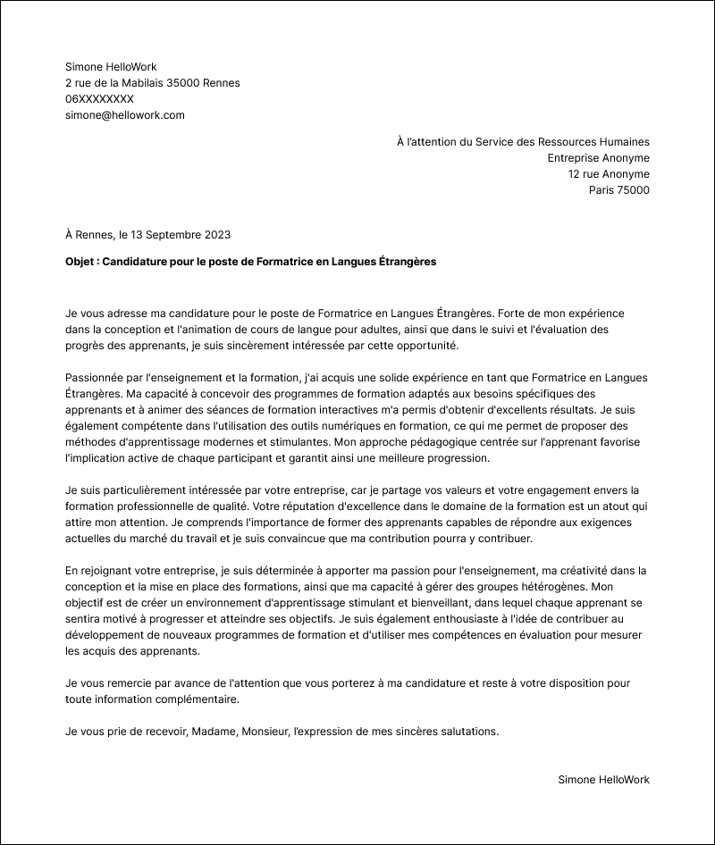 Modèle lettre de motivation Formation Exemple lettre de motivation Formation