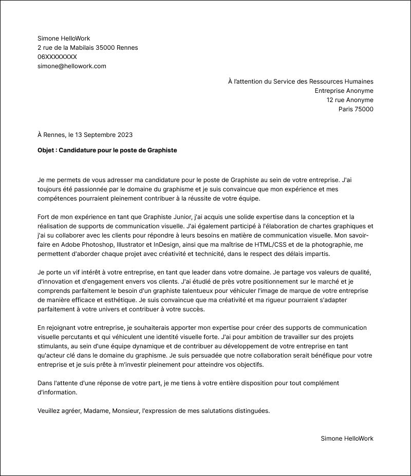 Modèle lettre de motivation Graphisme Exemple lettre de motivation Graphisme
