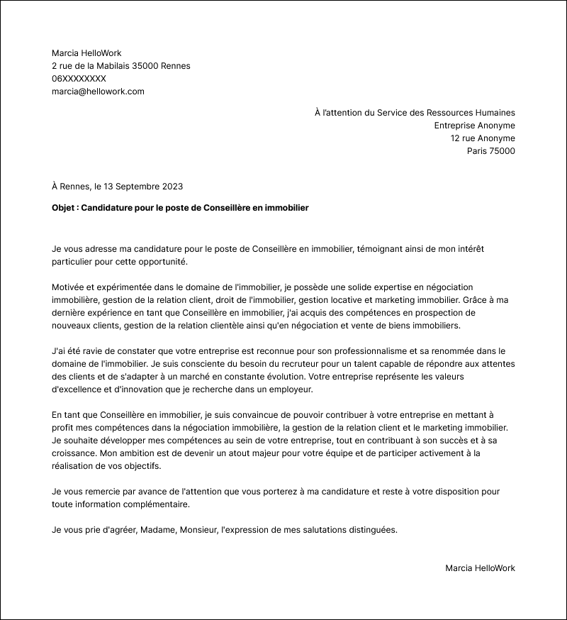 Modèle lettre de motivation Immobilier Exemple lettre de motivation Immobilier