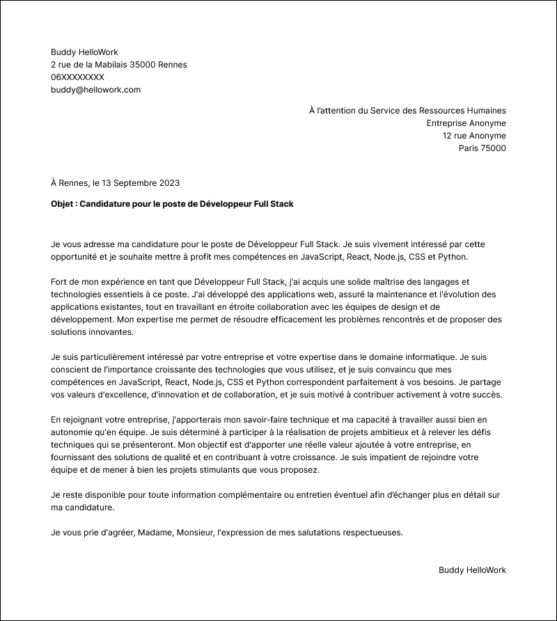 Modèle lettre de motivation Informatique Exemple lettre de motivation Informatique