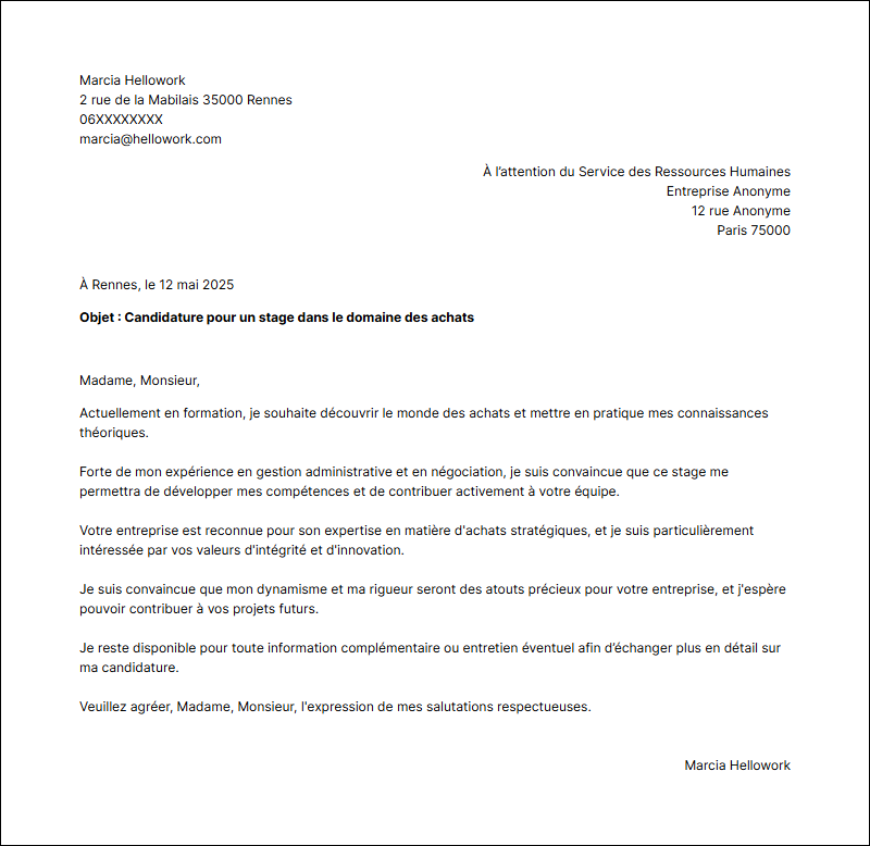 Modèle lettre de motivation pour un stage Achat Exemple lettre de motivation pour un stage Achat