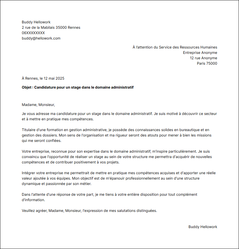 Modèle lettre de motivation pour un stage Administratif Exemple lettre de motivation pour un stage Administratif