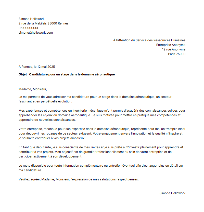 Modèle lettre de motivation pour un stage Aeronautique Exemple lettre de motivation pour un stage Aeronautique