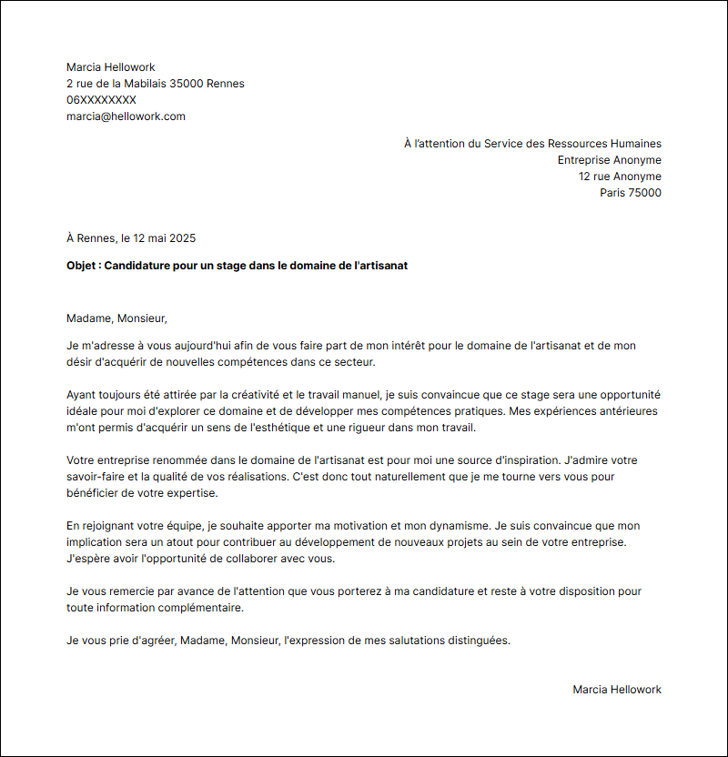 Modèle lettre de motivation pour un stage Artisanat Exemple lettre de motivation pour un stage Artisanat