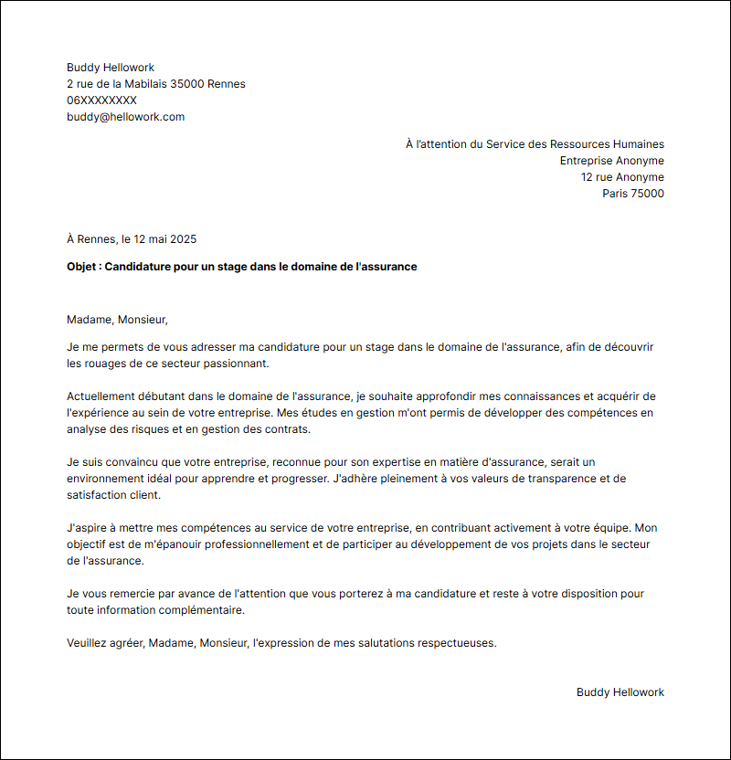 Modèle lettre de motivation pour un stage Assurance Exemple lettre de motivation pour un stage Assurance