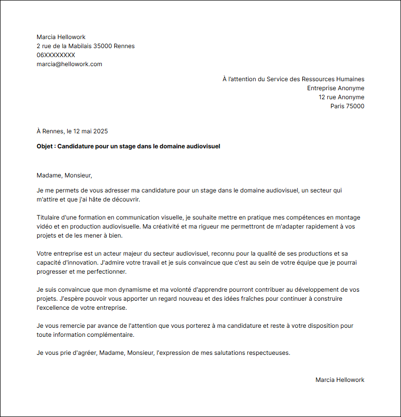 Modèle lettre de motivation pour un stage Audiovisuel Exemple lettre de motivation pour un stage Audiovisuel