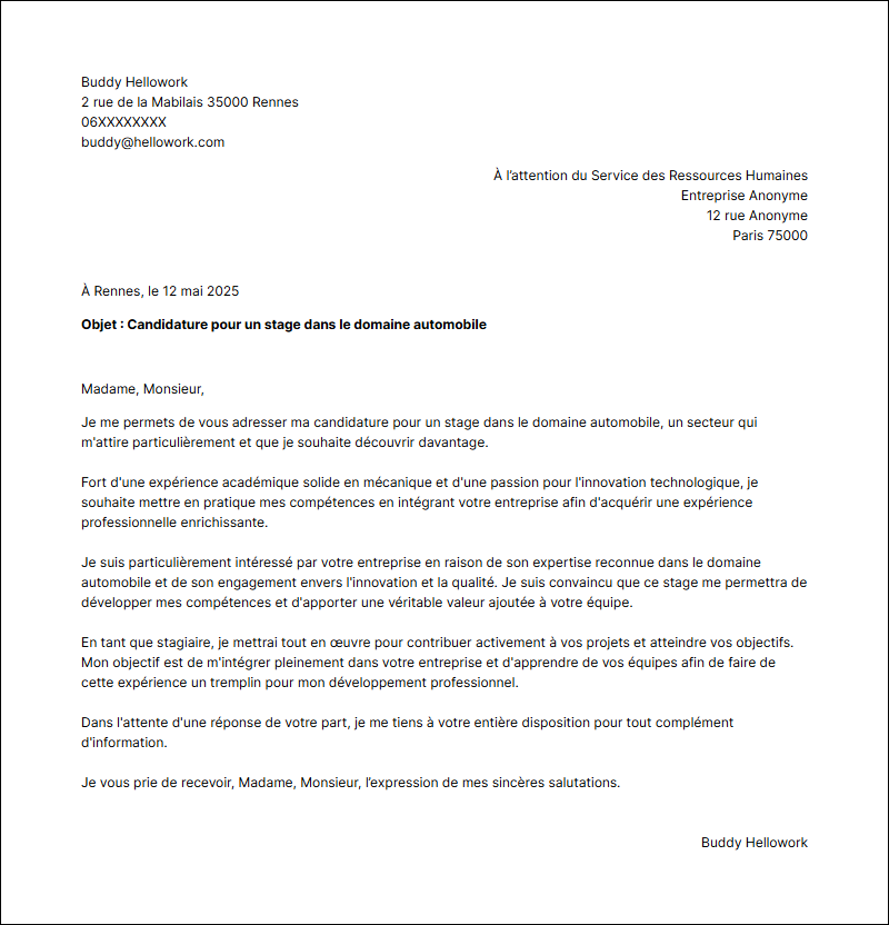 Modèle lettre de motivation pour un stage Automobile Exemple lettre de motivation pour un stage Automobile