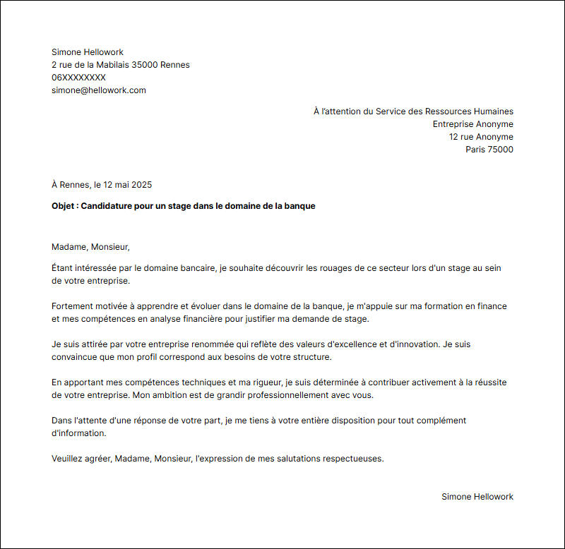 Modèle lettre de motivation pour un stage Banque Exemple lettre de motivation pour un stage Banque