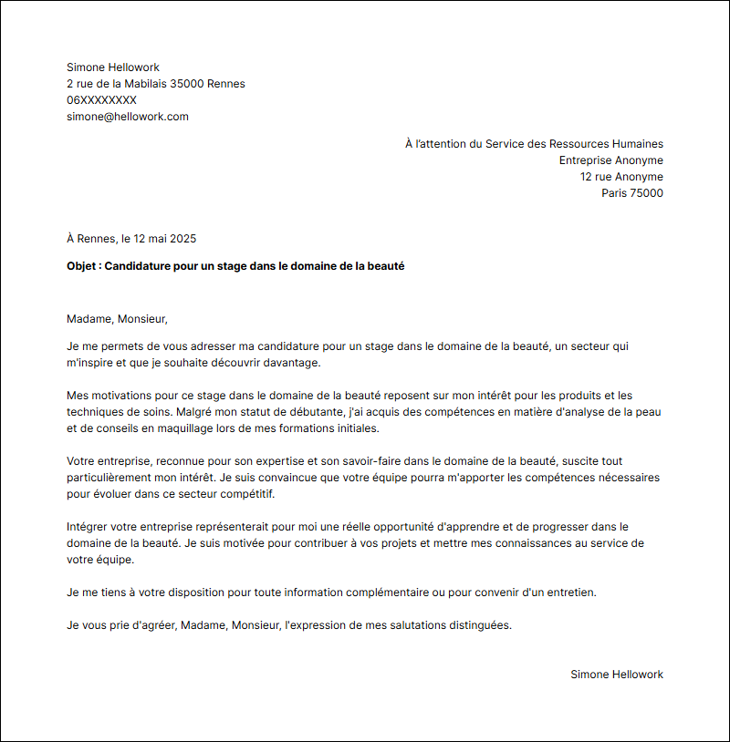 Modèle lettre de motivation pour un stage Beauté Exemple lettre de motivation pour un stage Beauté