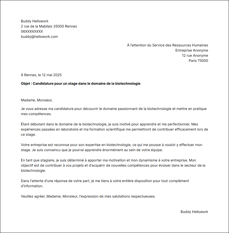 Modèle lettre de motivation pour un stage Biotechnologie Exemple lettre de motivation pour un stage Biotechnologie