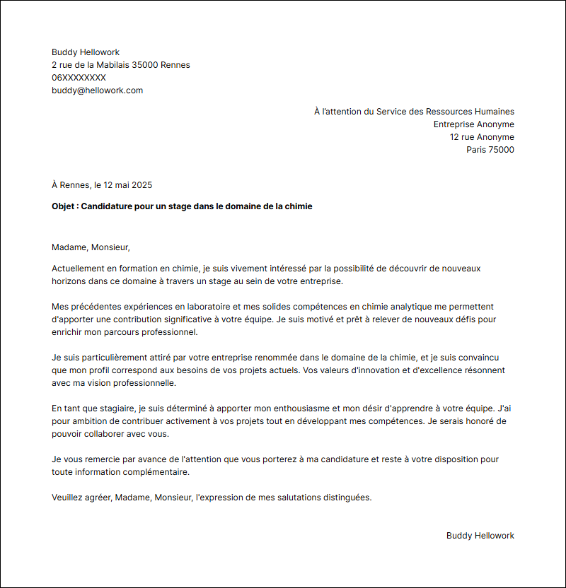 Modèle lettre de motivation pour un stage Chimie Exemple lettre de motivation pour un stage Chimie