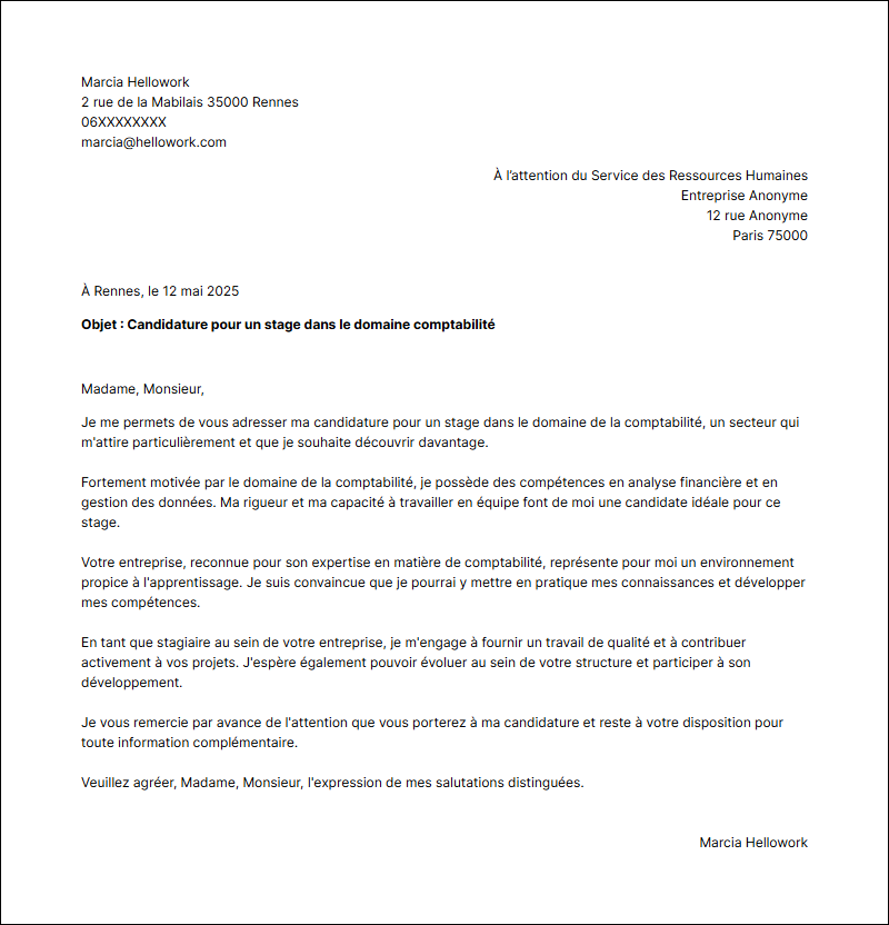 Modèle lettre de motivation pour un stage Comptabilité Exemple lettre de motivation pour un stage Comptabilité
