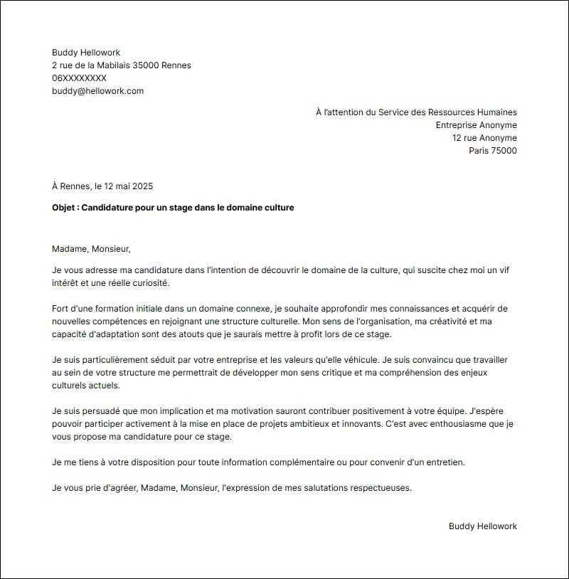 Modèle lettre de motivation pour un stage Culture Exemple lettre de motivation pour un stage Culture