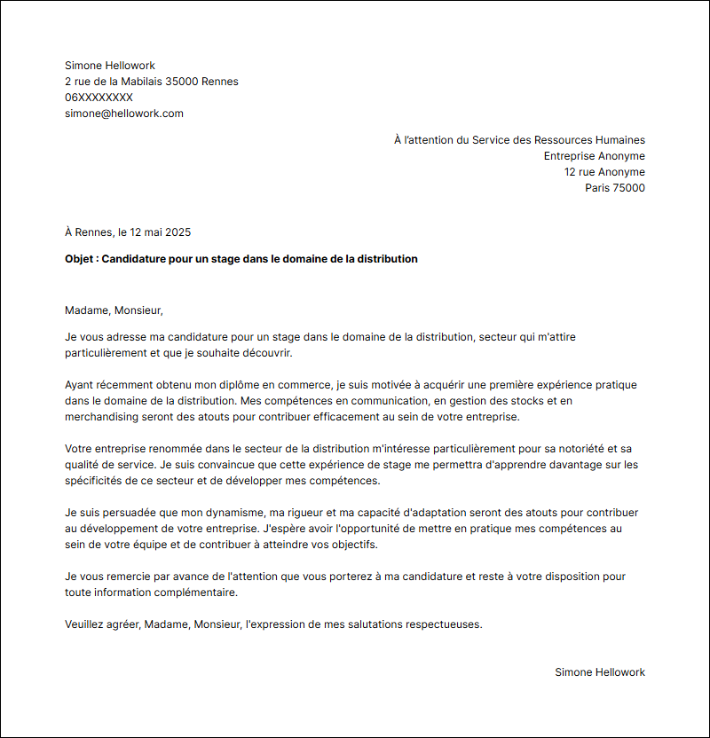 Modèle lettre de motivation pour un stage Distribution Exemple lettre de motivation pour un stage Distribution
