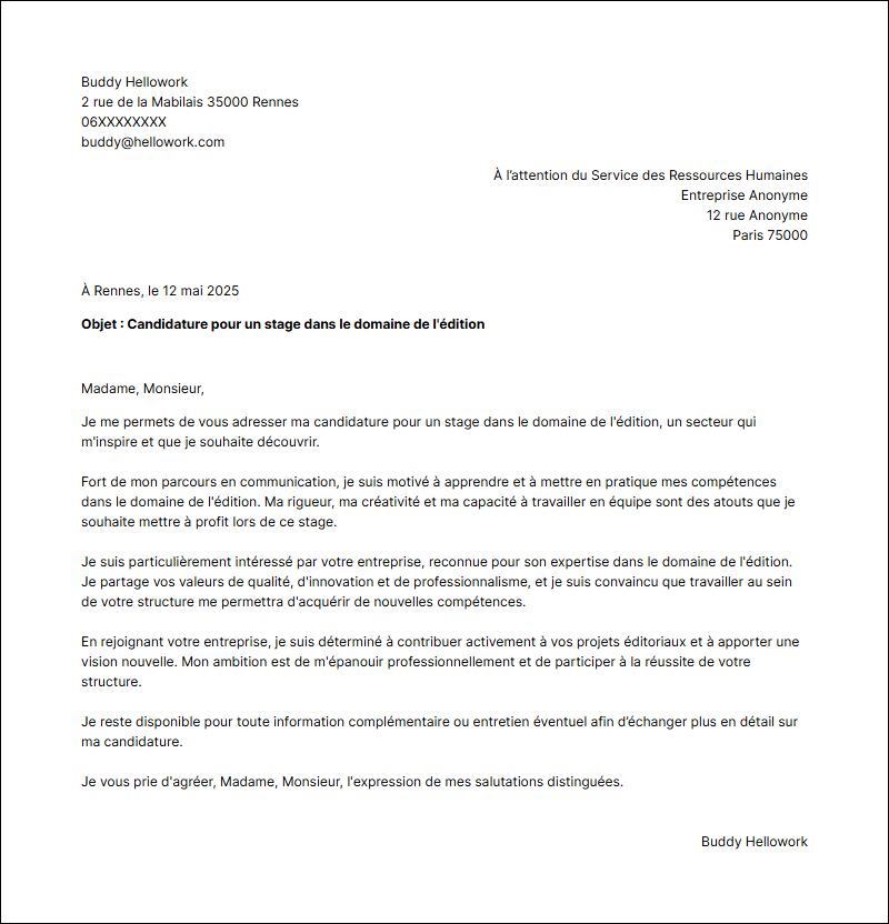 Modèle lettre de motivation pour un stage Edition Exemple lettre de motivation pour un stage Edition