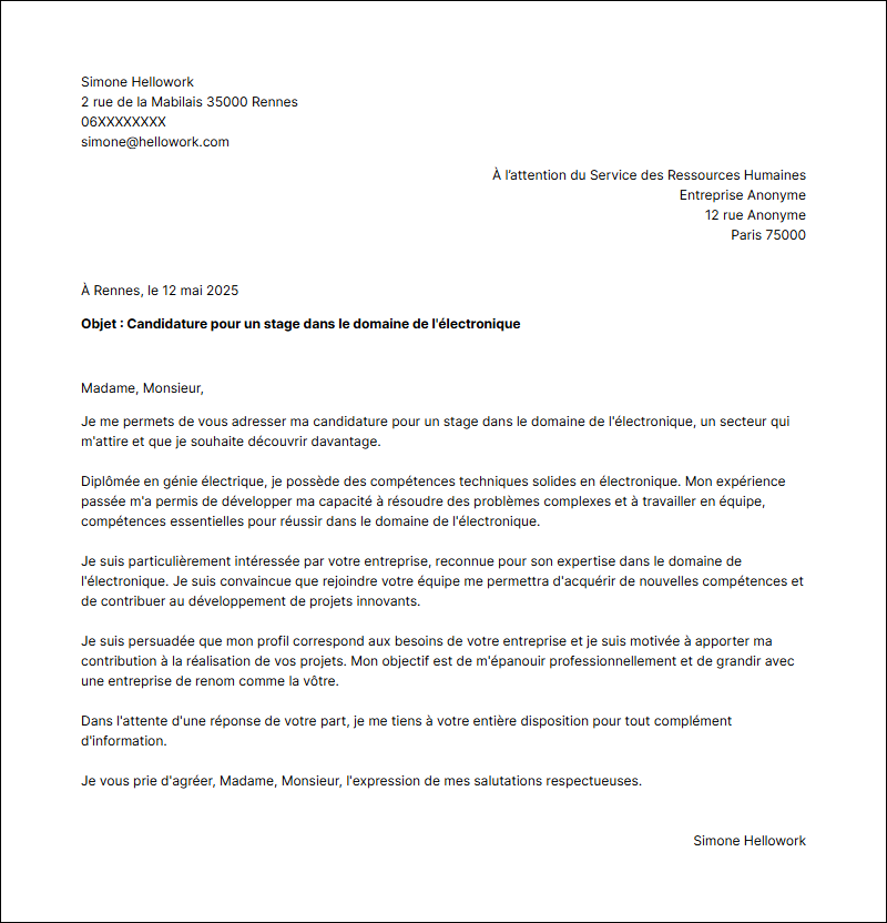 Modèle lettre de motivation pour un stage Electronique Exemple lettre de motivation pour un stage Electronique