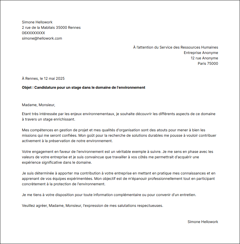 Modèle lettre de motivation pour un stage Environnement Exemple lettre de motivation pour un stage Environnement
