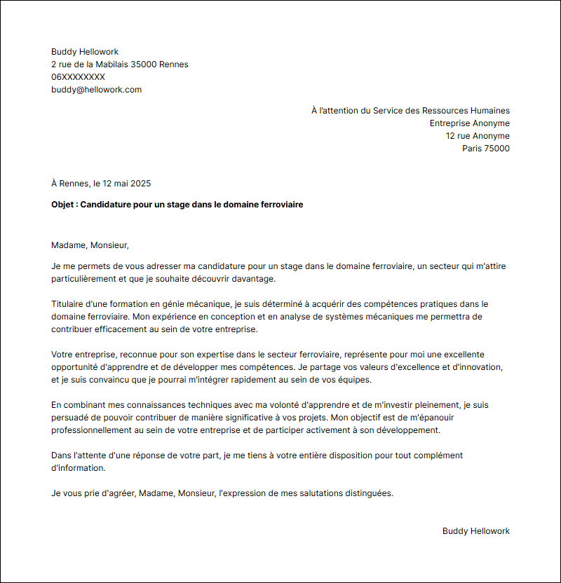 Modèle lettre de motivation pour un stage Ferroviaire Exemple lettre de motivation pour un stage Ferroviaire
