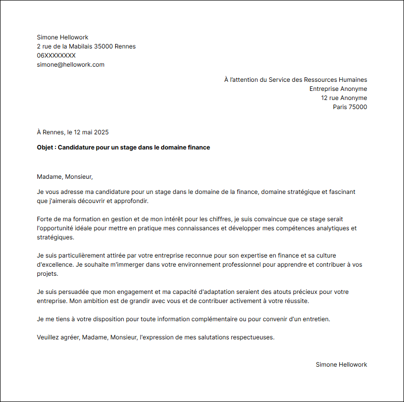 Modèle lettre de motivation pour un stage Finance Exemple lettre de motivation pour un stage Finance