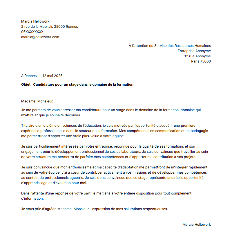 Modèle lettre de motivation pour un stage Formation Exemple lettre de motivation pour un stage Formation