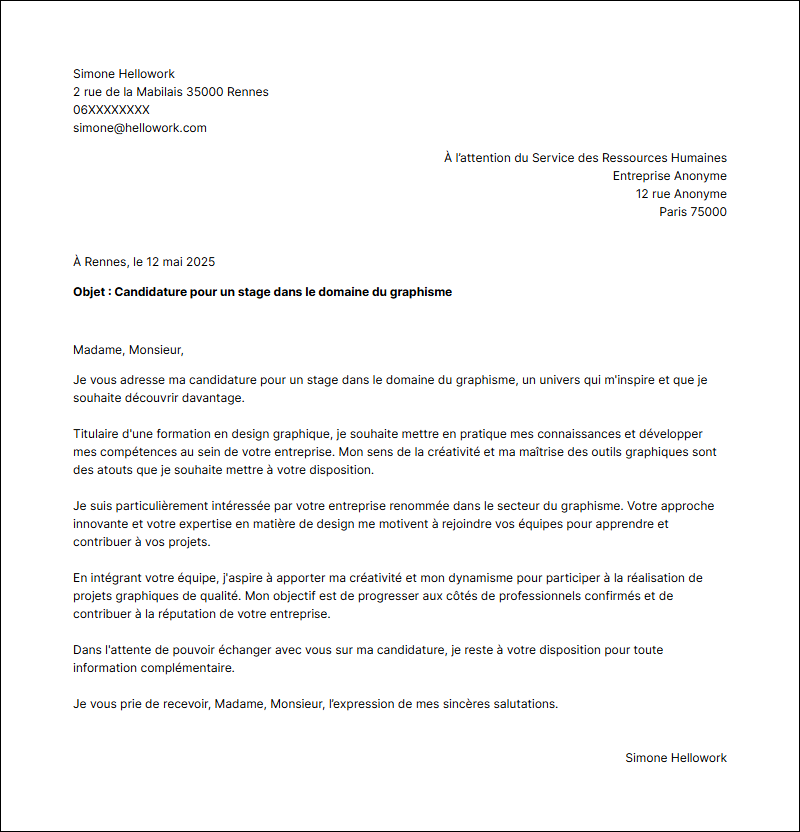Modèle lettre de motivation pour un stage Graphisme Exemple lettre de motivation pour un stage Graphisme