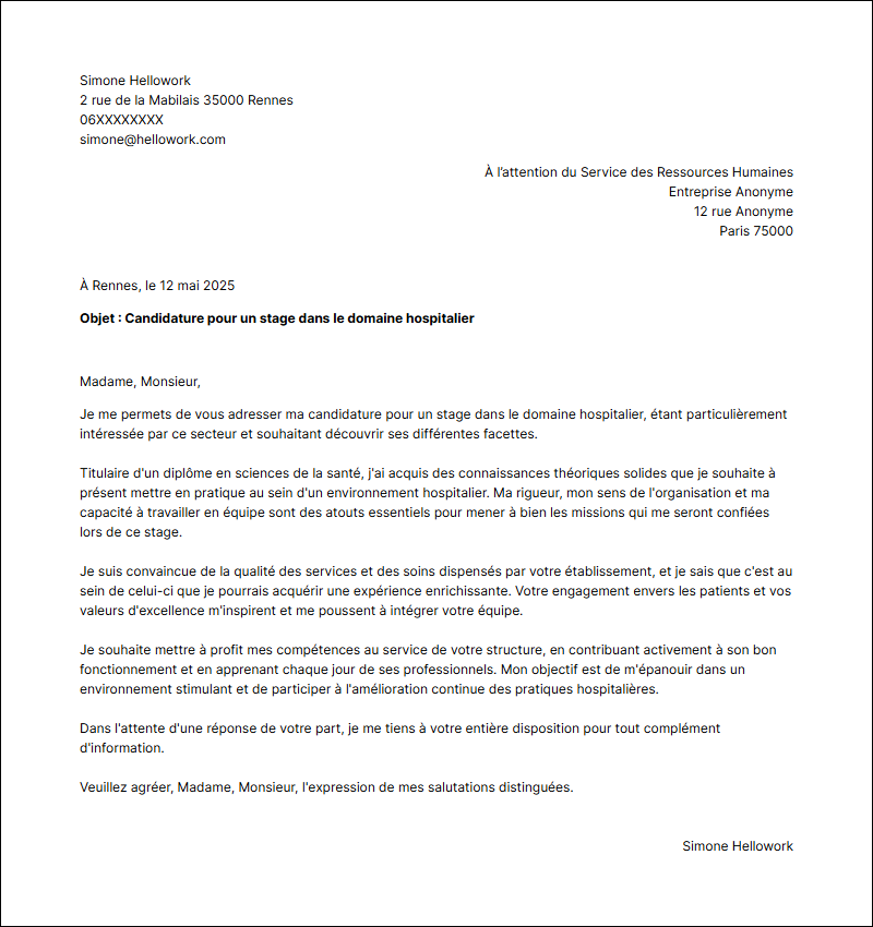 Modèle lettre de motivation pour un stage Hospitalier Exemple lettre de motivation pour un stage Hospitalier