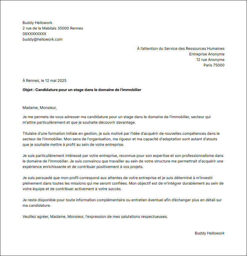 Exemple lettre de motivation pour un stage Immobilier