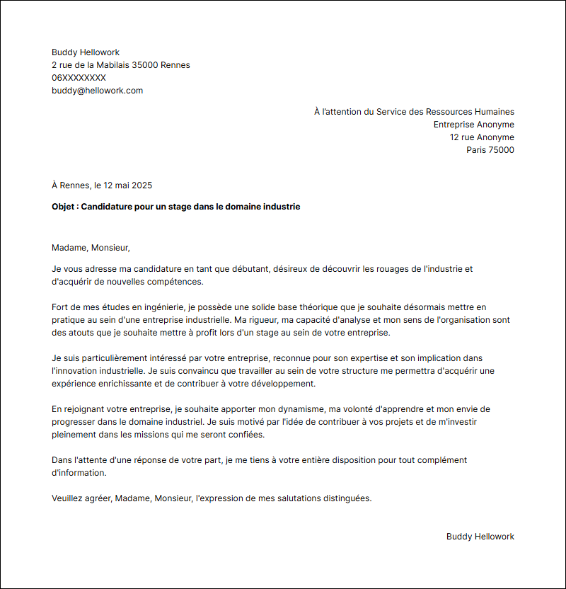 Modèle lettre de motivation pour un stage Industrie Exemple lettre de motivation pour un stage Industrie