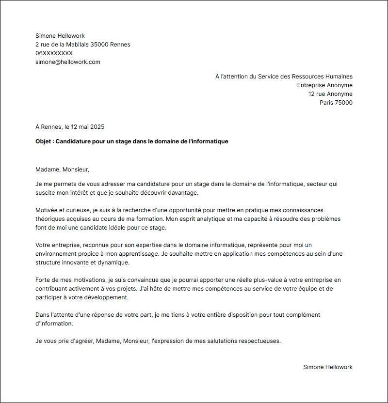 Modèle lettre de motivation pour un stage Informatique Exemple lettre de motivation pour un stage Informatique
