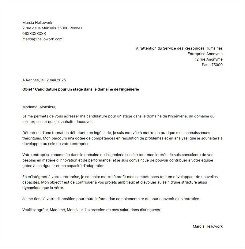 Modèle lettre de motivation pour un stage Ingénierie Exemple lettre de motivation pour un stage Ingénierie