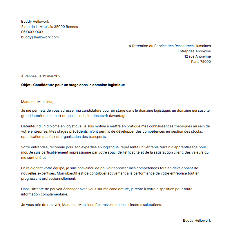 Modèle lettre de motivation pour un stage Logistique Exemple lettre de motivation pour un stage Logistique