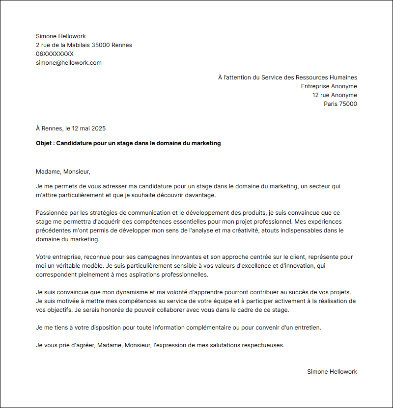 Modèle lettre de motivation pour un stage Marketing Exemple lettre de motivation pour un stage Marketing