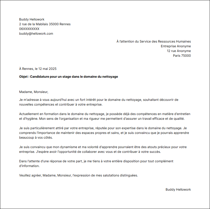 Modèle lettre de motivation pour un stage Nettoyage Exemple lettre de motivation pour un stage Nettoyage